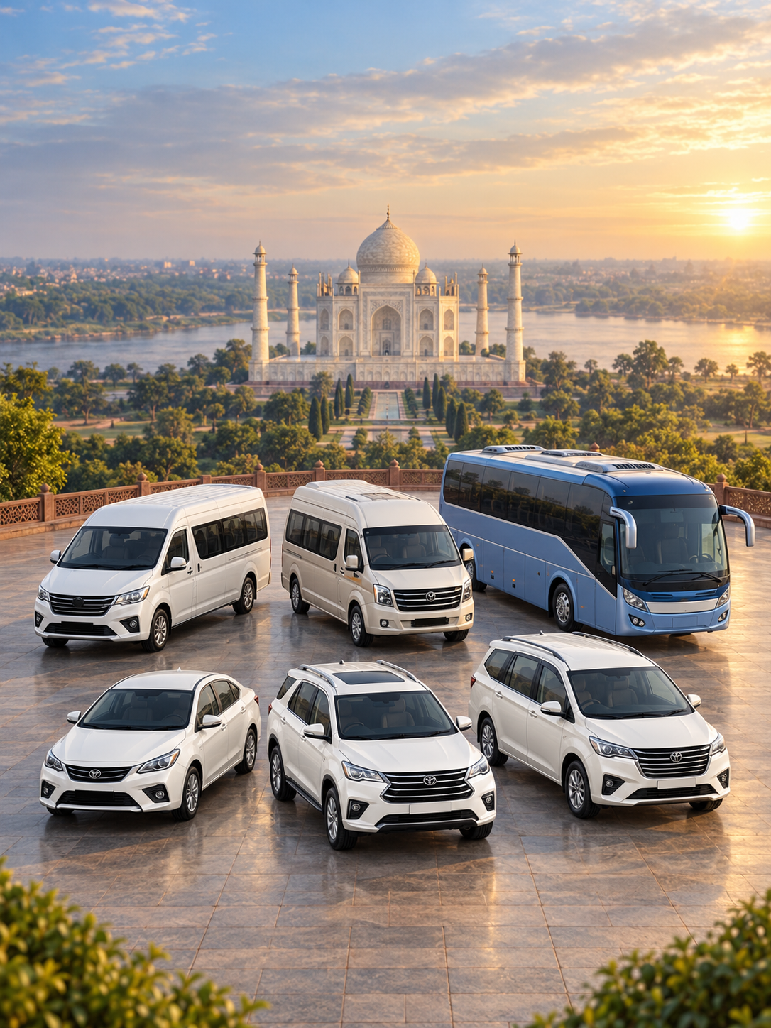 Six complete vehicles from the Tyagi Cabs fleet with the Taj Mahal in the background
